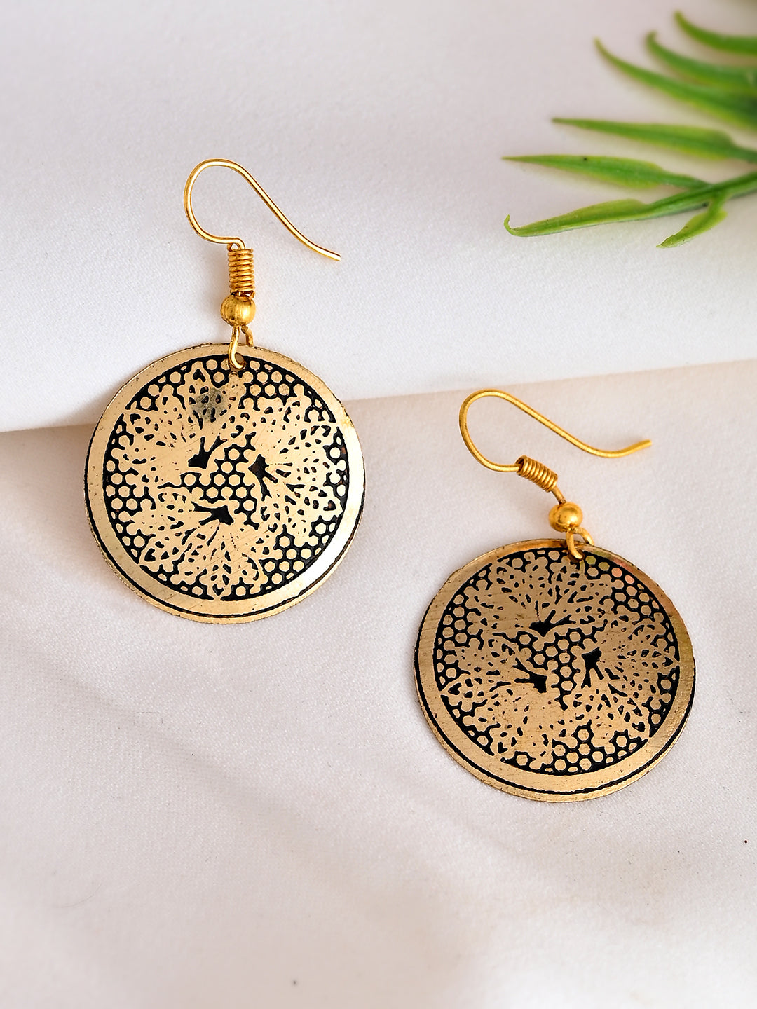Gold & Black Floral Round Earrings For Women