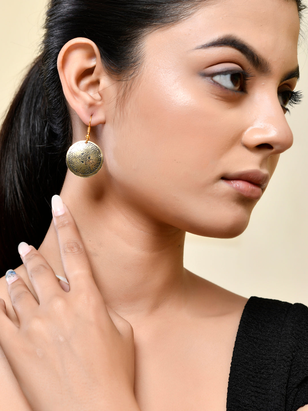Gold & Black Floral Round Earrings For Women