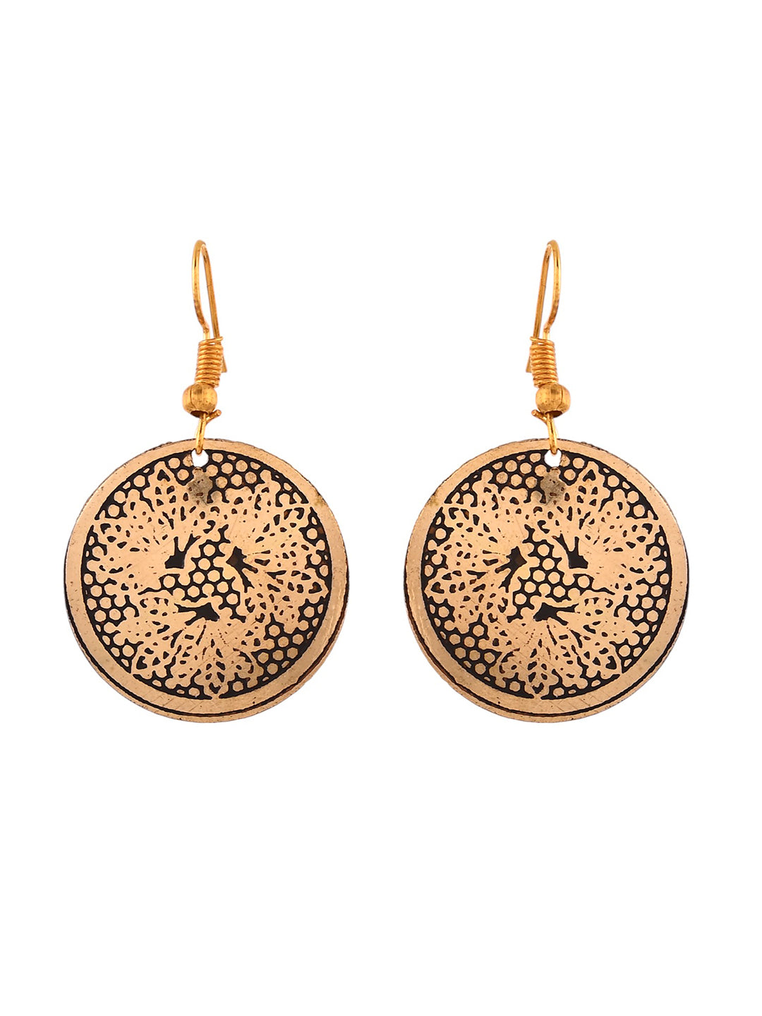 Gold & Black Floral Round Earrings For Women