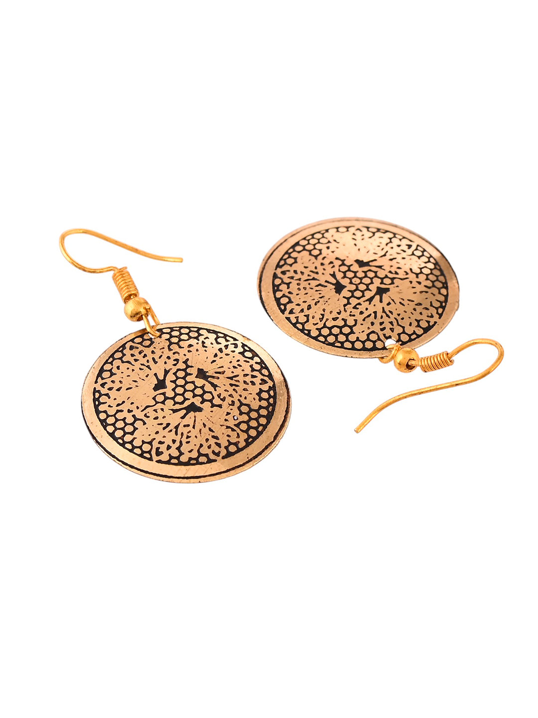 Gold & Black Floral Round Earrings For Women