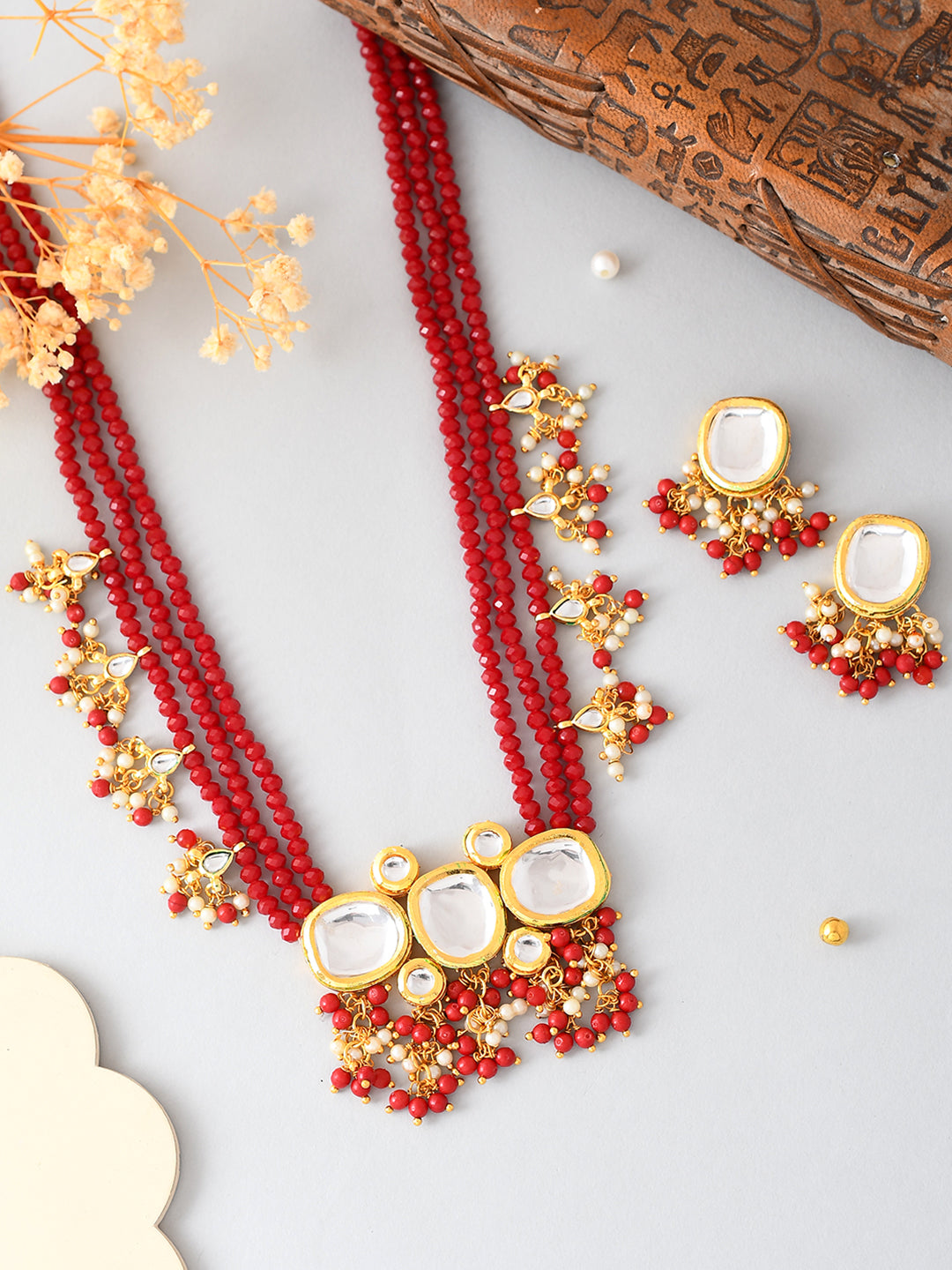 Gold-Plated & Red Beaded Necklace and Earrings