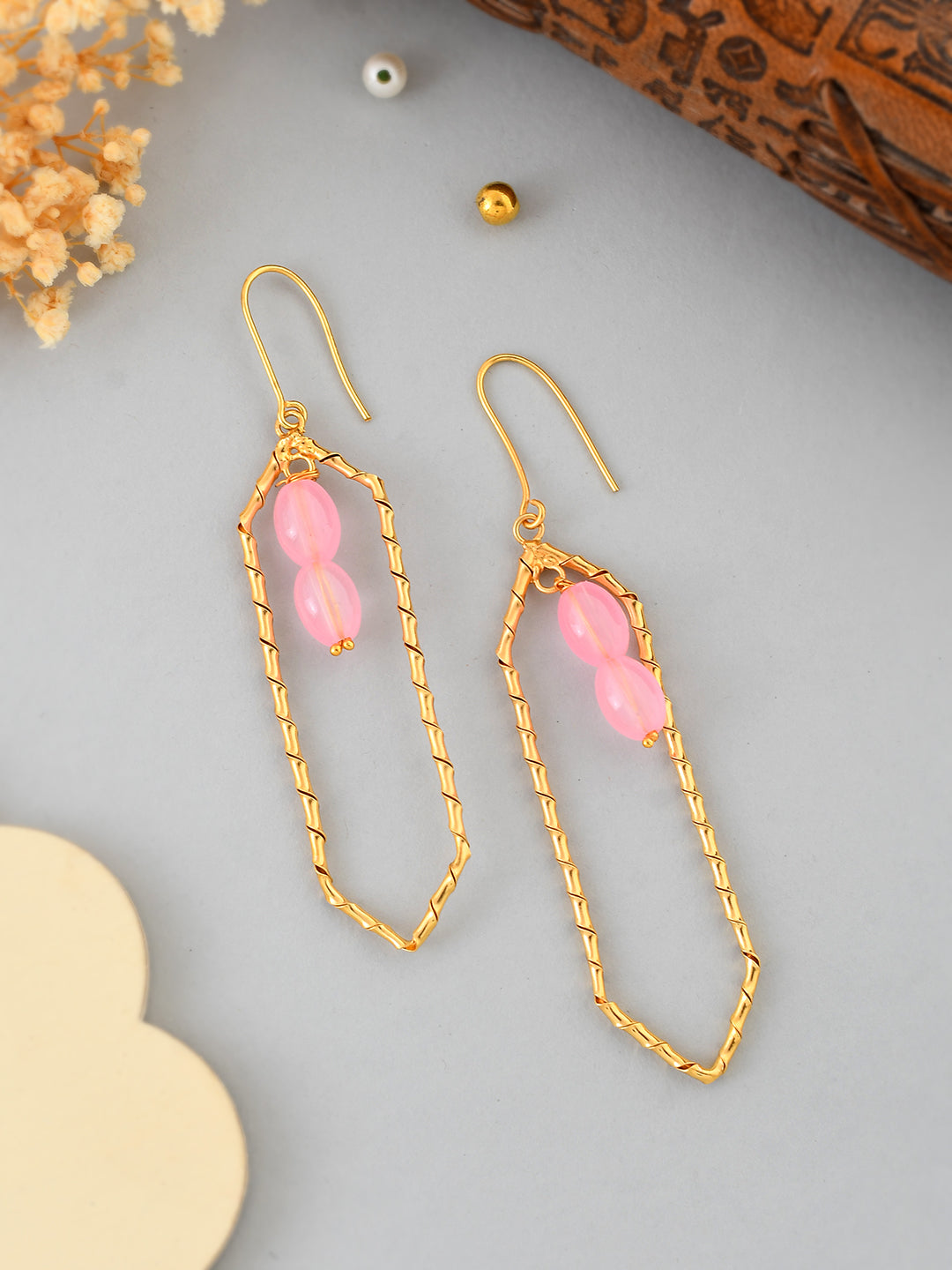 Pink Beads And Gold Plated Statement  Earring For Women