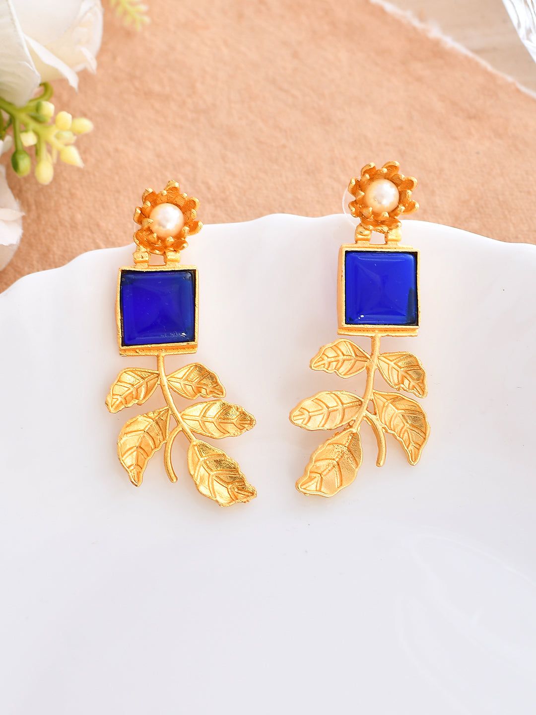 Designer Gold plated blue stone drop earring