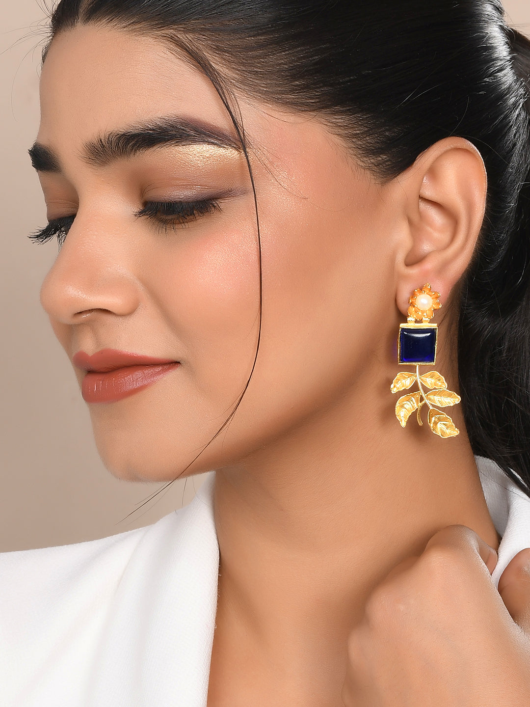 Designer Gold plated blue stone drop earring