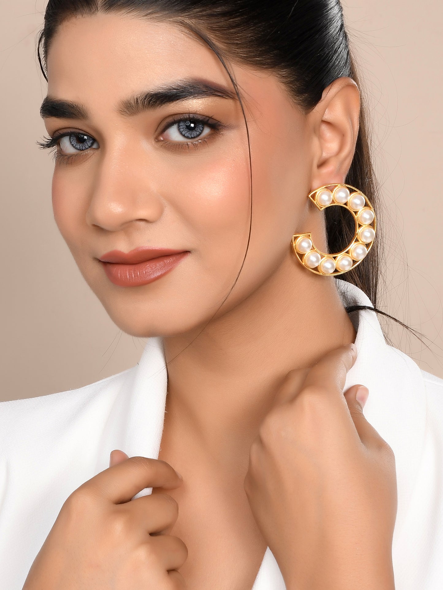 Gold plated pearl half hoop earring