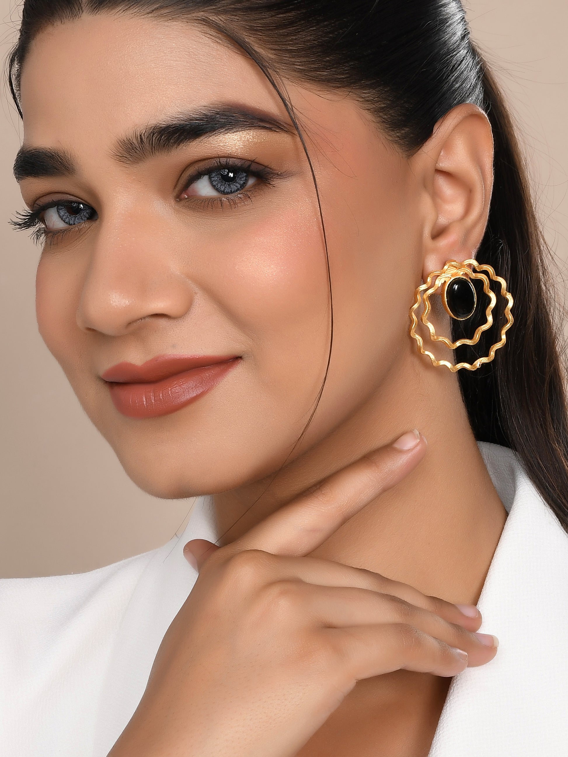 Gold plated black stone drop earring