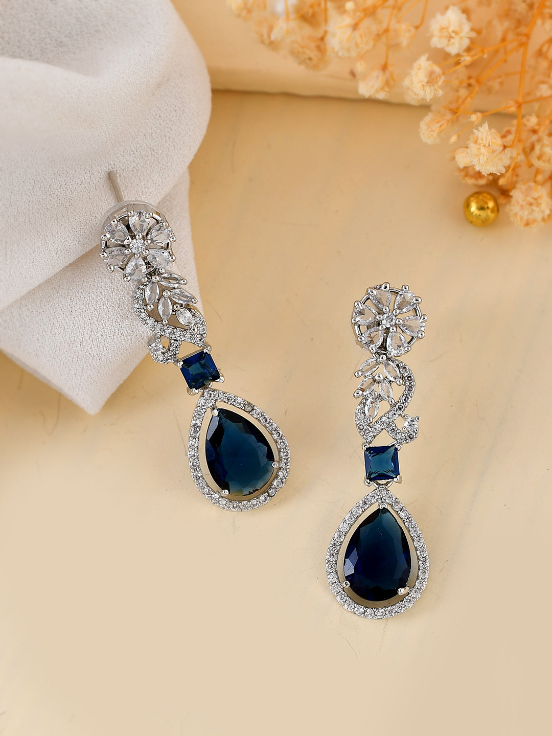 Luxurious  Blue American Dimond Long Earrings