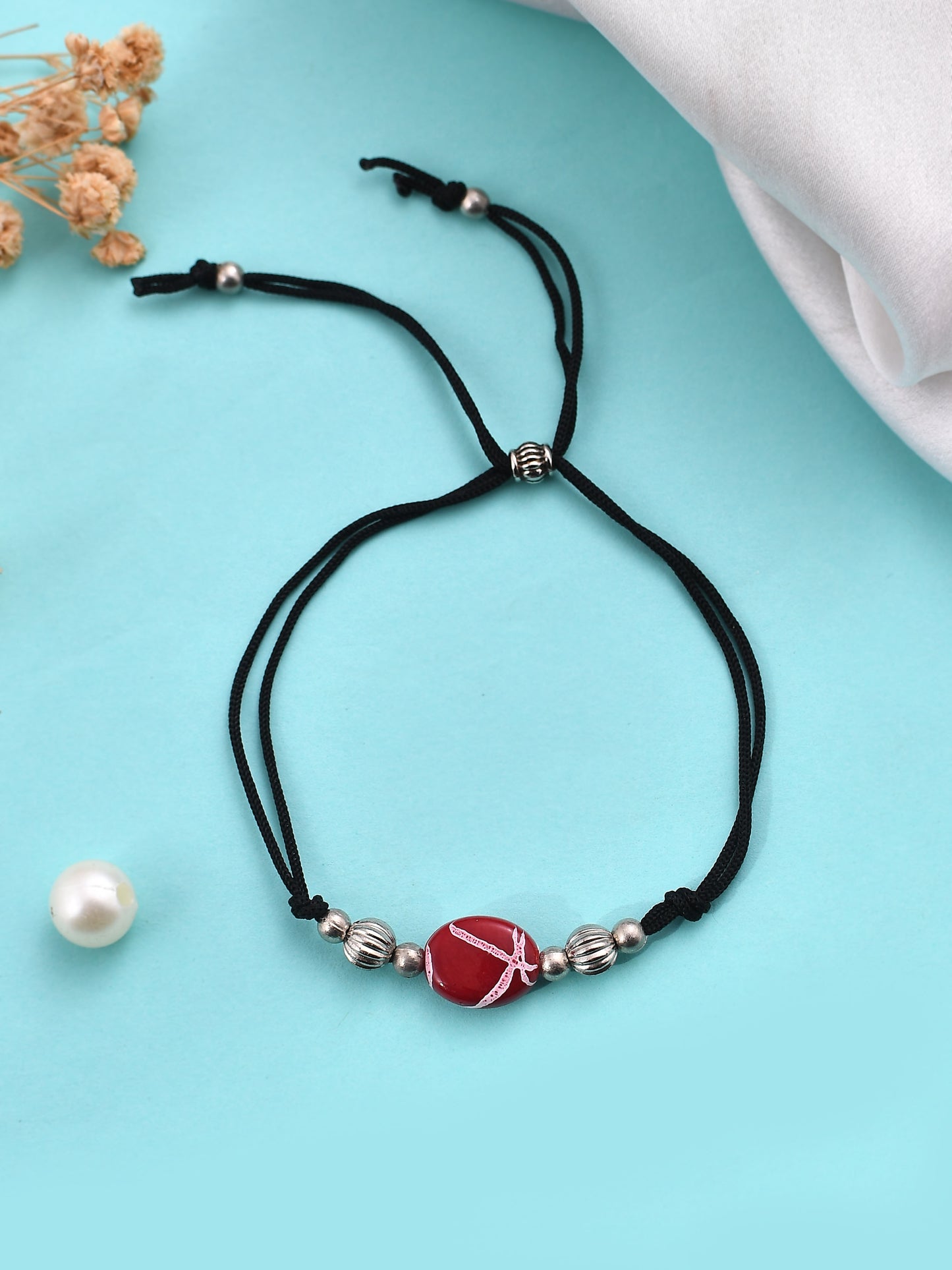 Red Charm Beads Black Thread Anklet