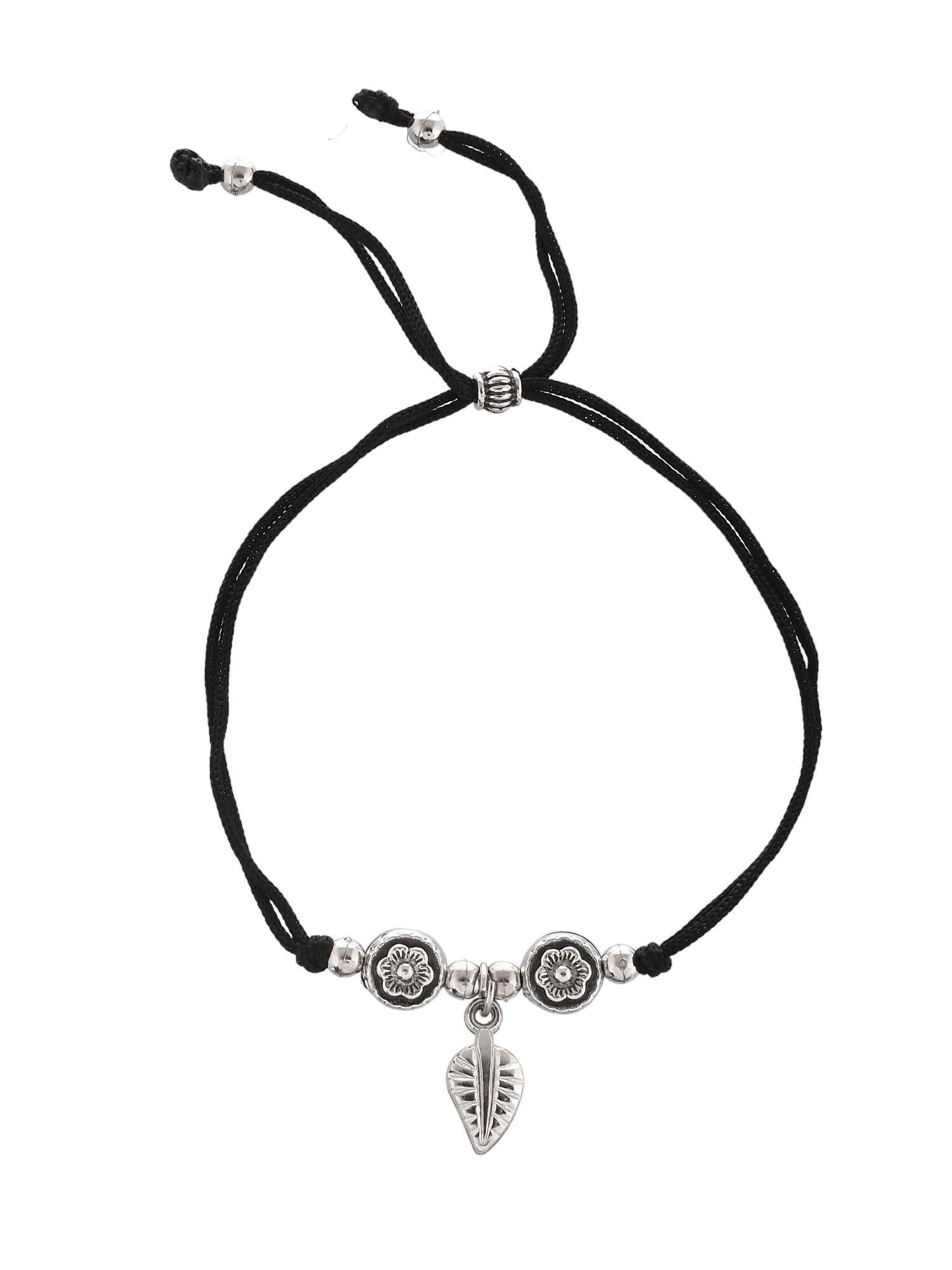 Silver Plated Oxidised Leaf Beaded Threaded Anklet&nbsp;