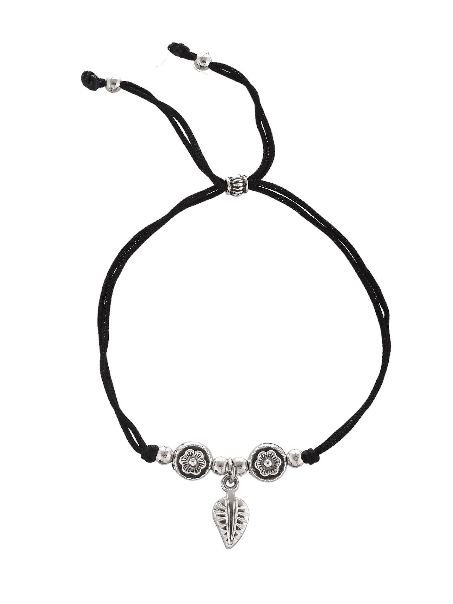 Silver Plated Oxidised Leaf Beaded Threaded Anklet&nbsp;