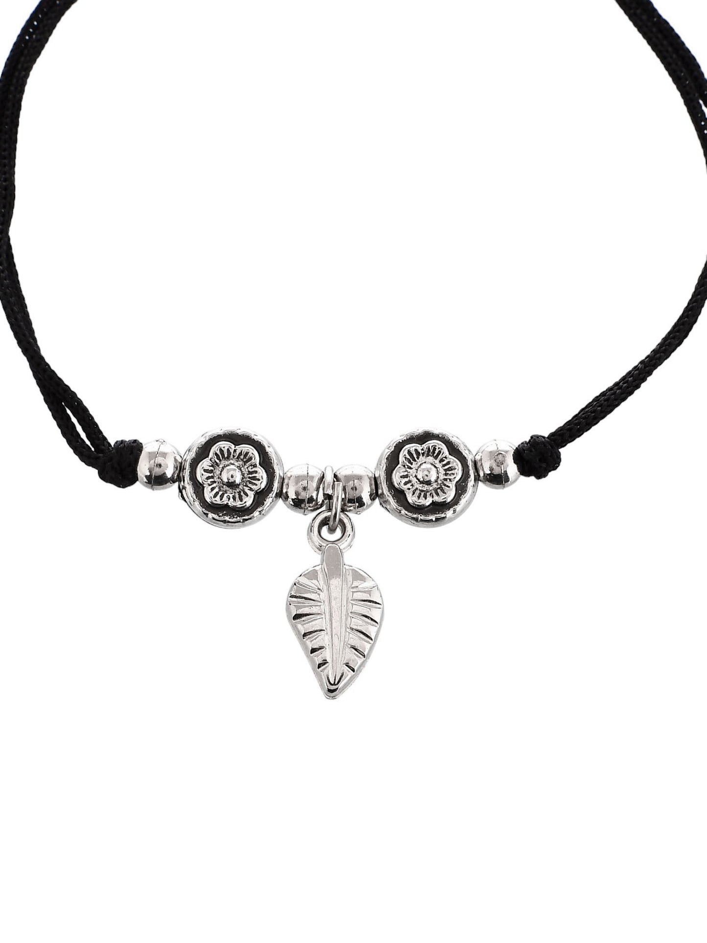 Silver Plated Oxidised Leaf Beaded Threaded Anklet&nbsp;