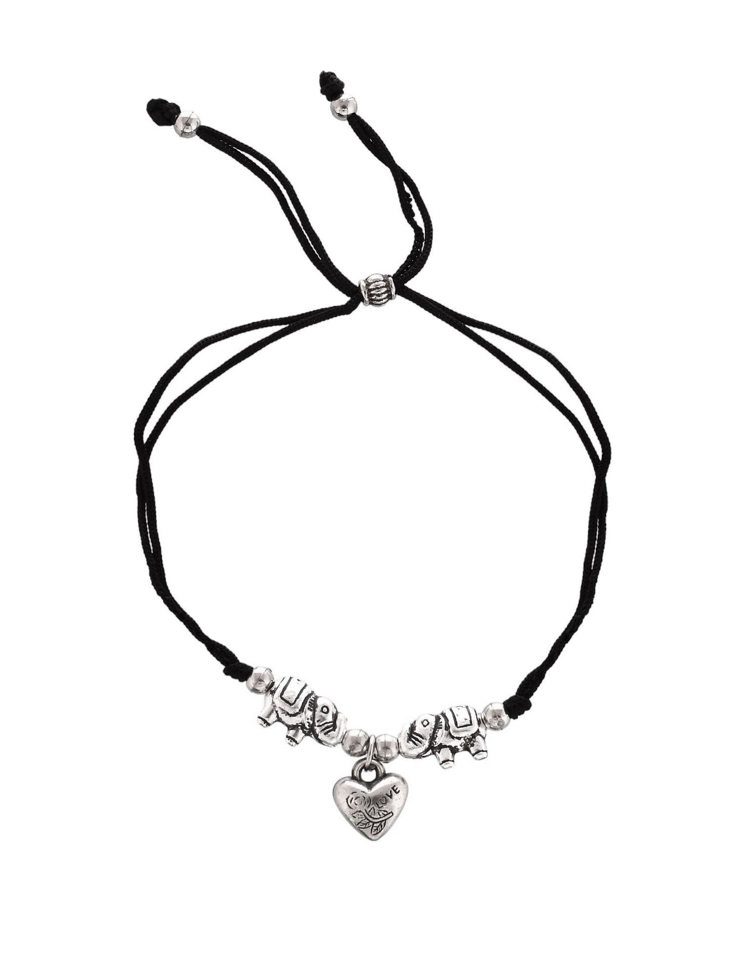 Stylish heart charm silver elephant  beads threaded anklet