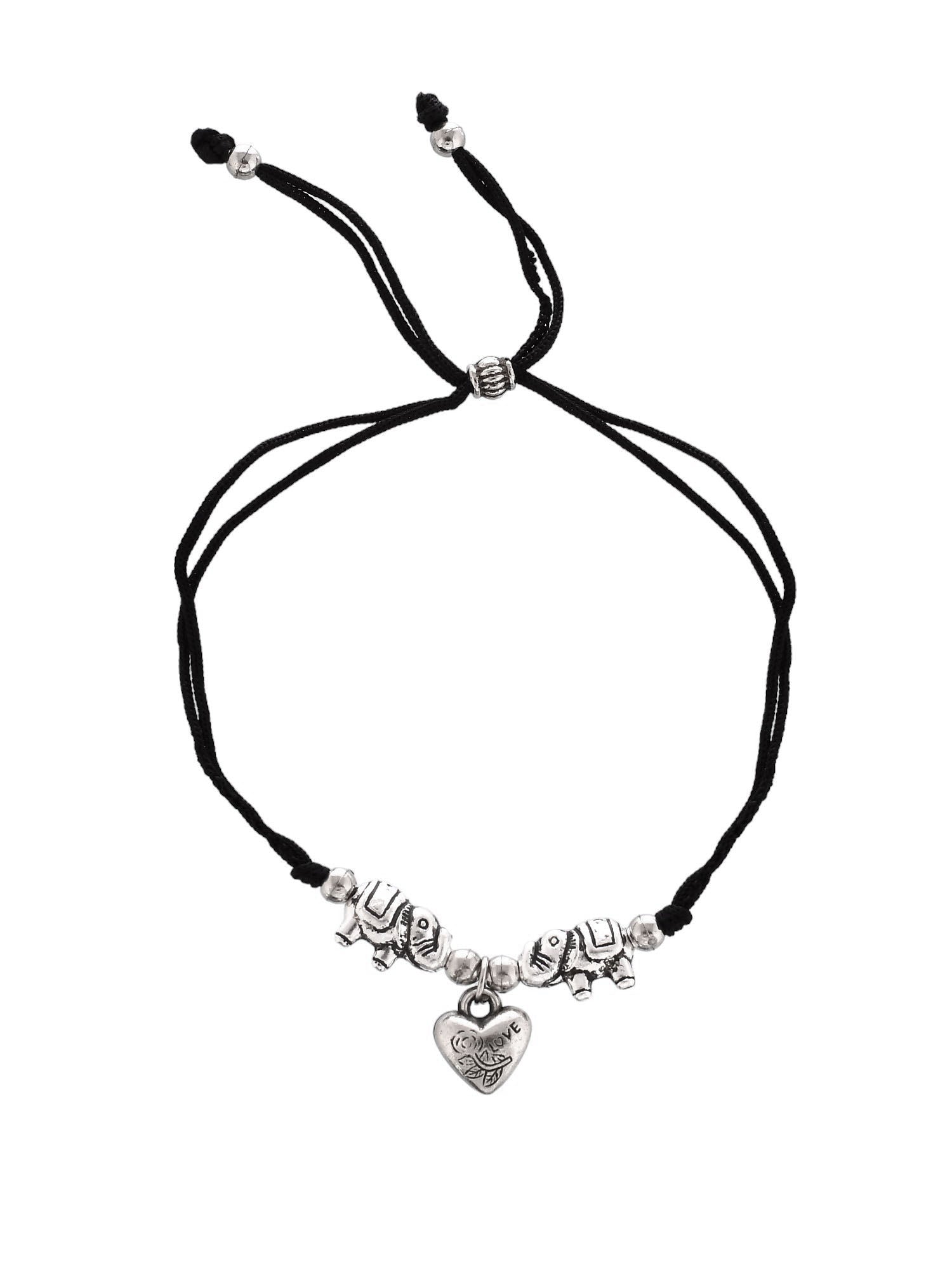 Stylish heart charm silver elephant  beads threaded anklet