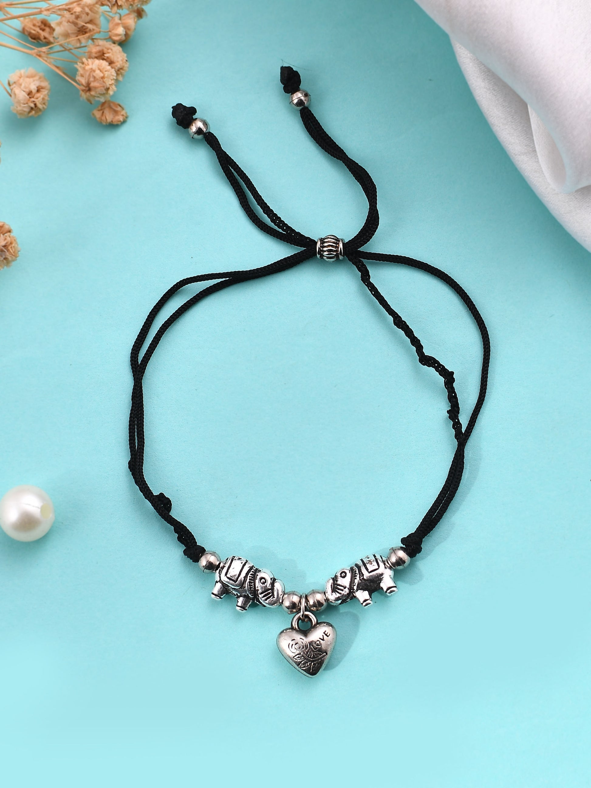 Stylish heart charm silver elephant  beads threaded anklet