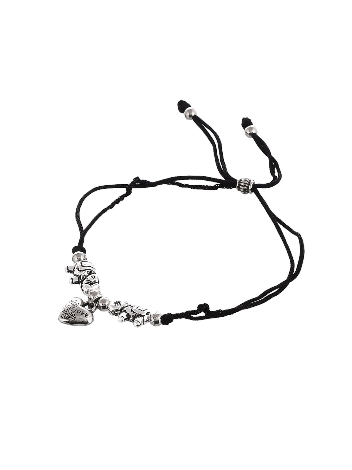 Stylish heart charm silver elephant  beads threaded anklet