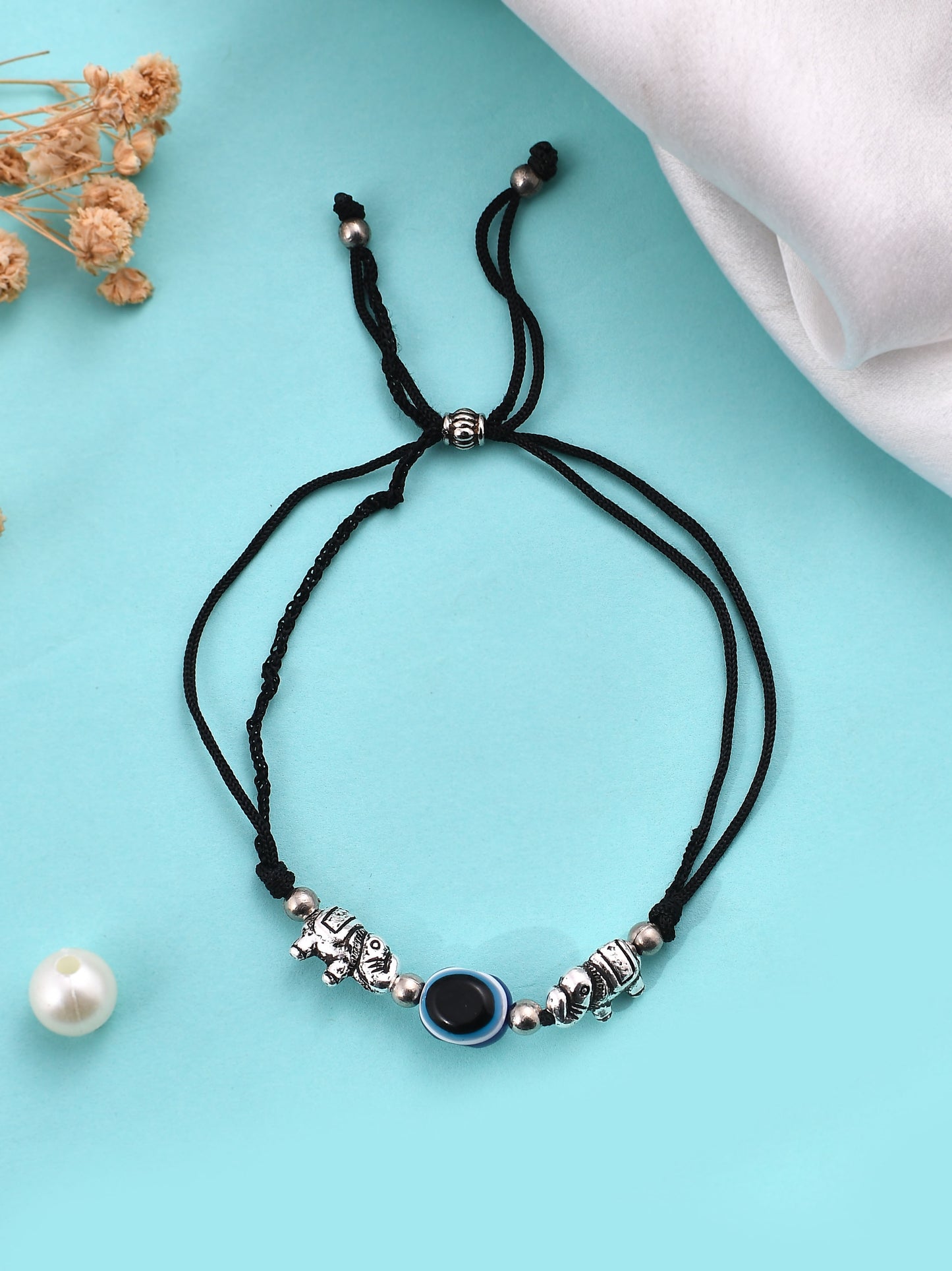 Stylish Evil Eye silver elephant beads threaded anklet