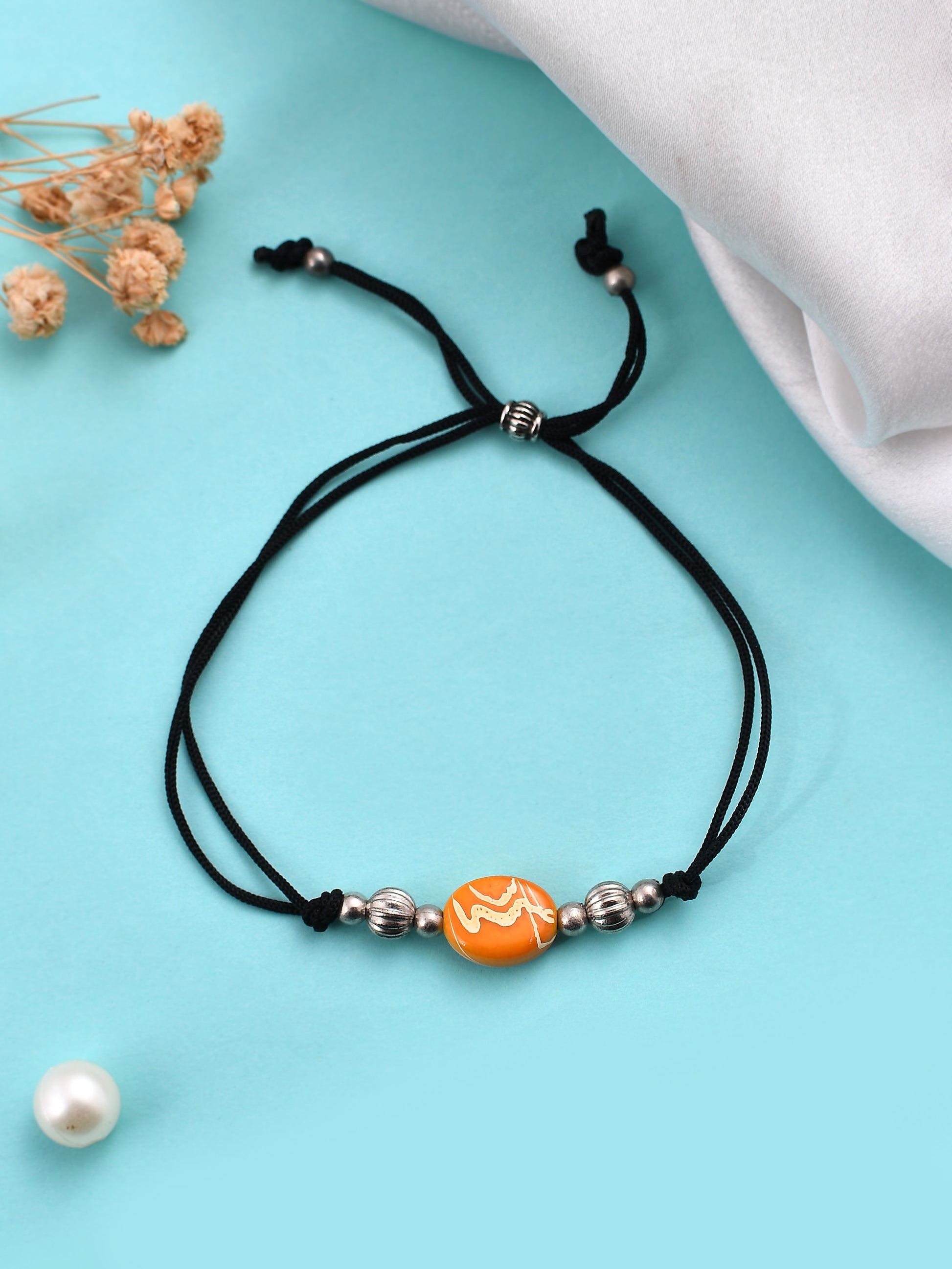 Yellow Charm Beads Black Thread Anklet