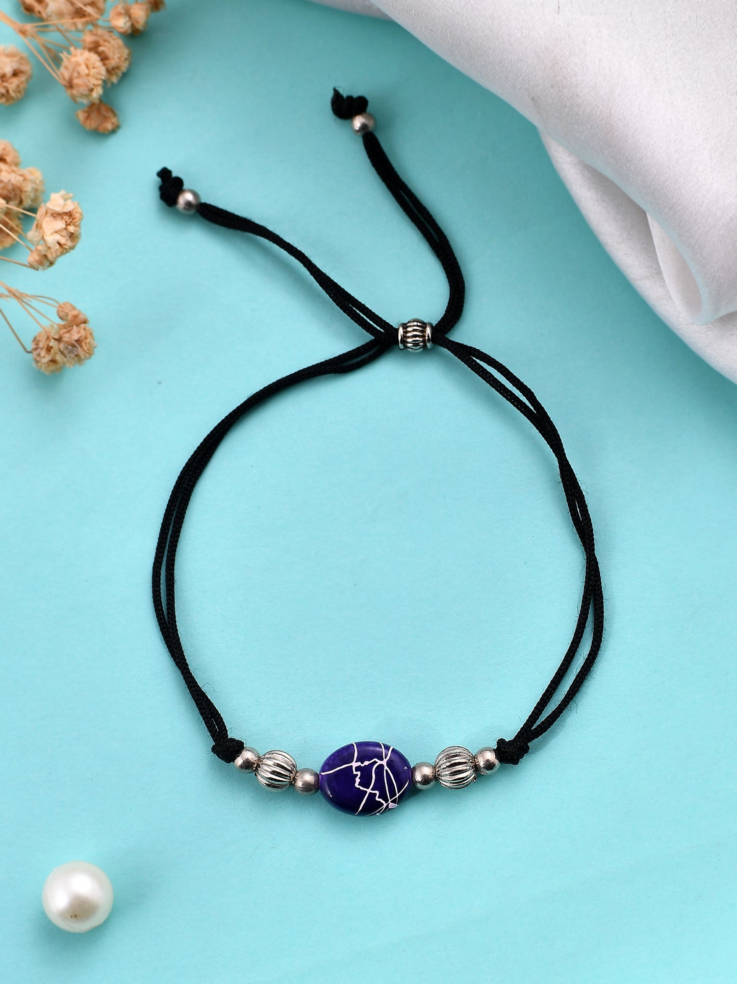 Stylish   Blue Charm Beads Black Thread Anklet
