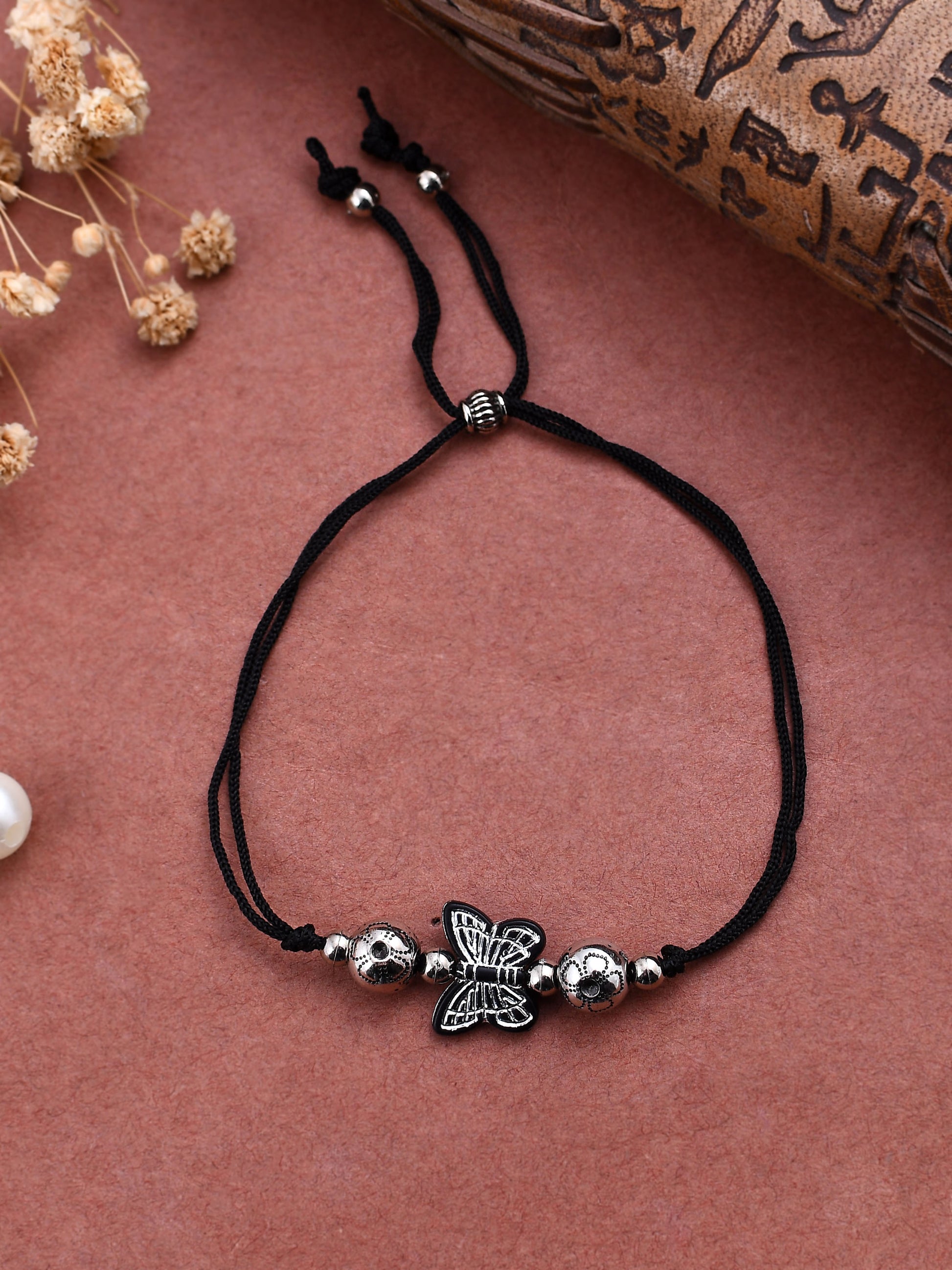 Stylish silver tone Oxidised Butterflies Beaded Threaded Anklet