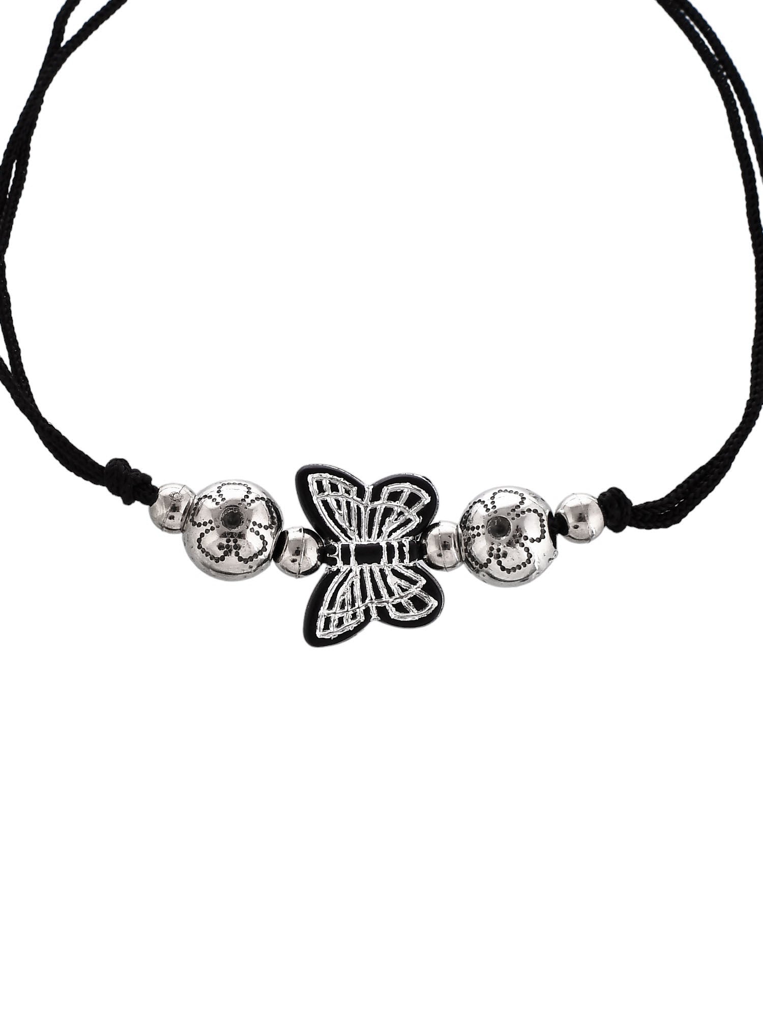 Stylish silver tone Oxidised Butterflies Beaded Threaded Anklet