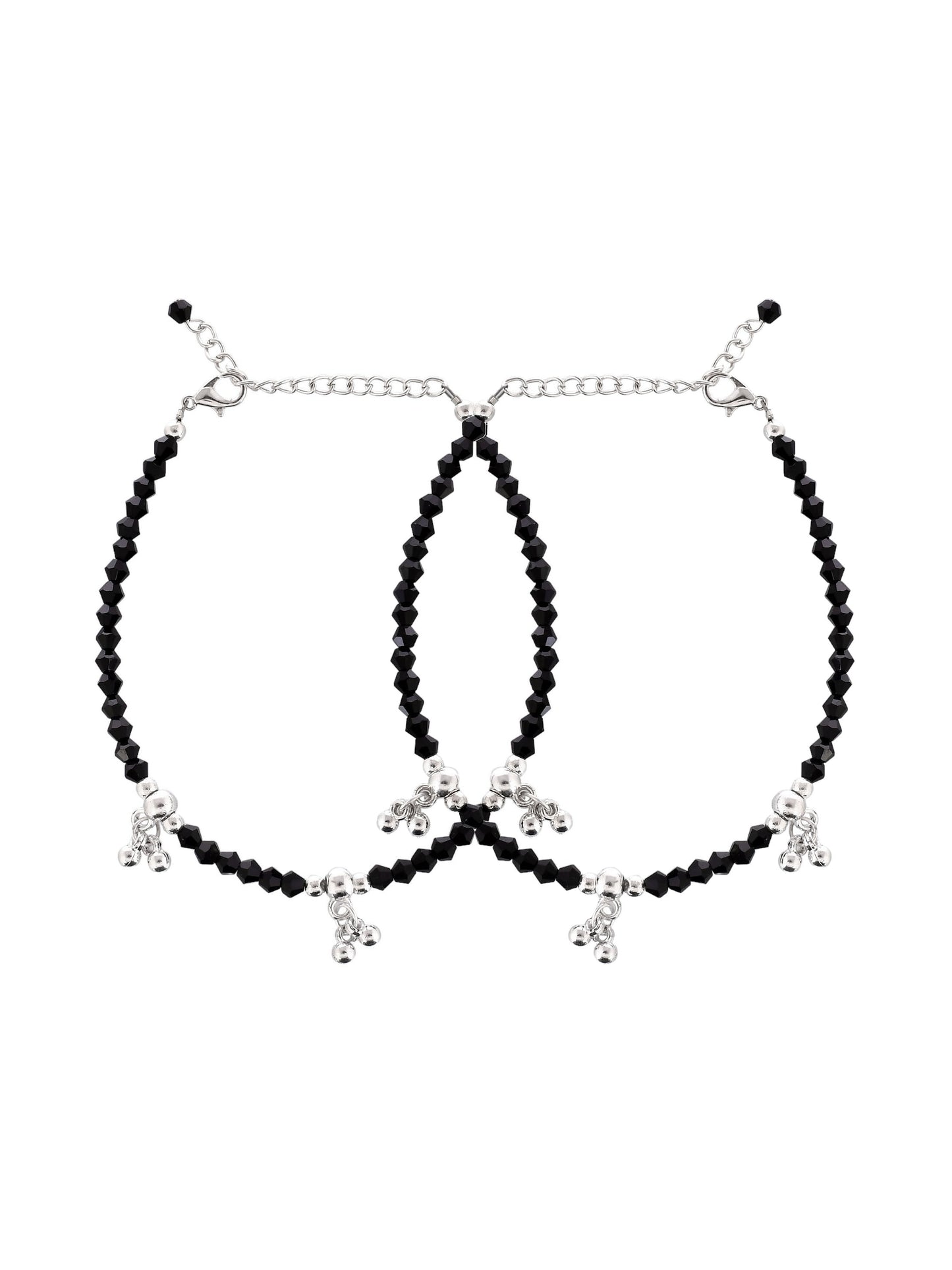 silver pearls Studded Black beads chain anklet for womens
