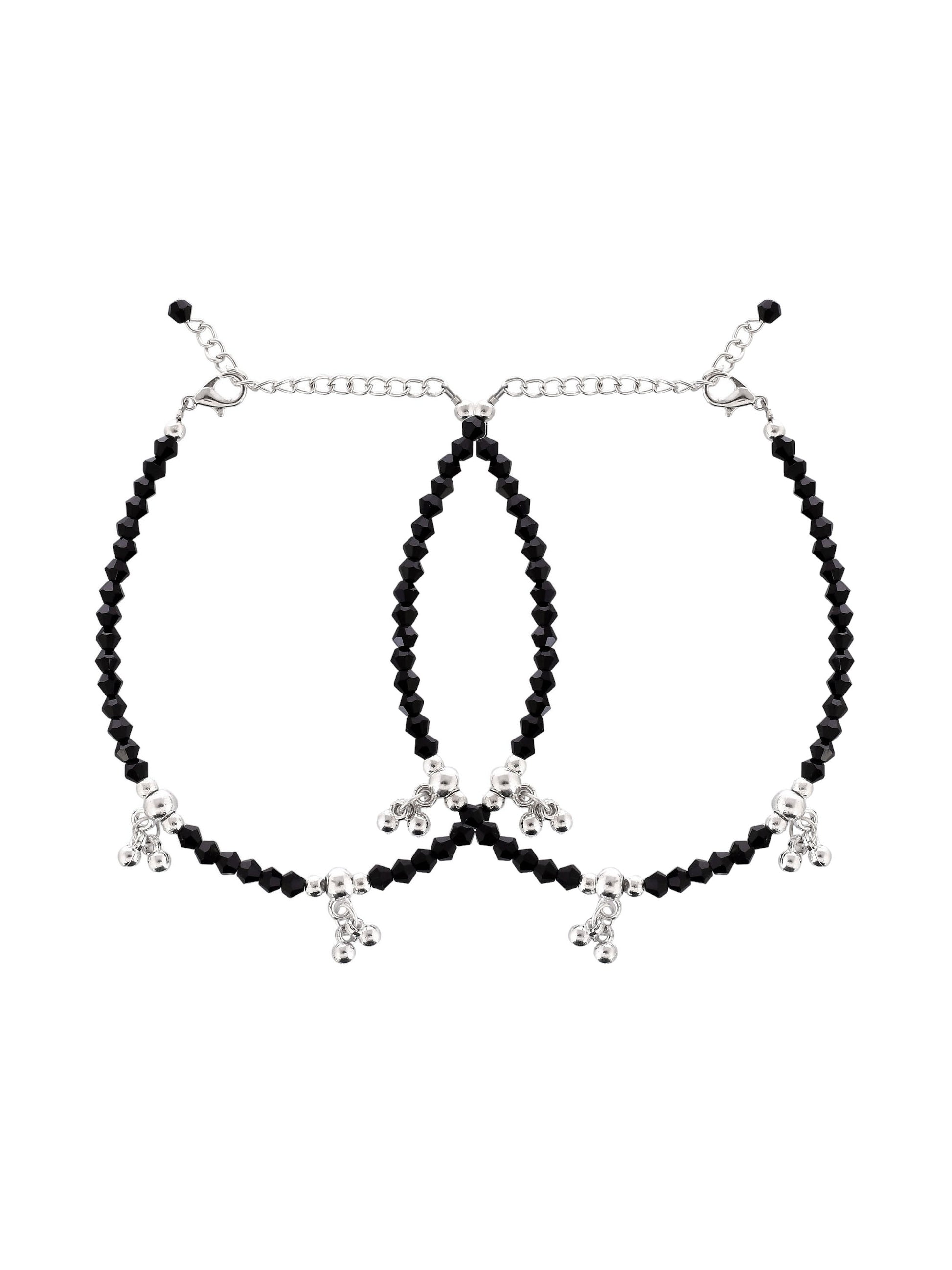 silver pearls Studded Black beads chain anklet for womens