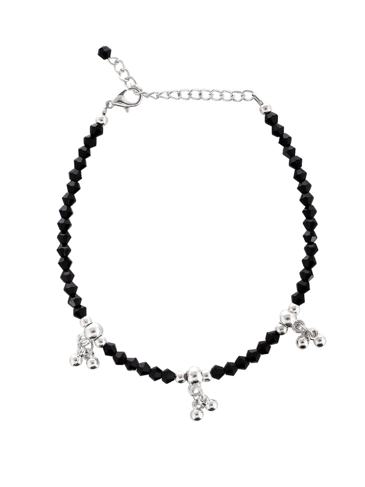 silver pearls Studded Black beads chain anklet for womens