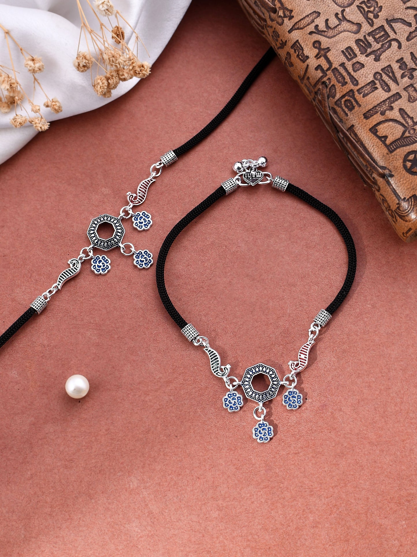 Stylish Silver tone  Black Thread Anklet