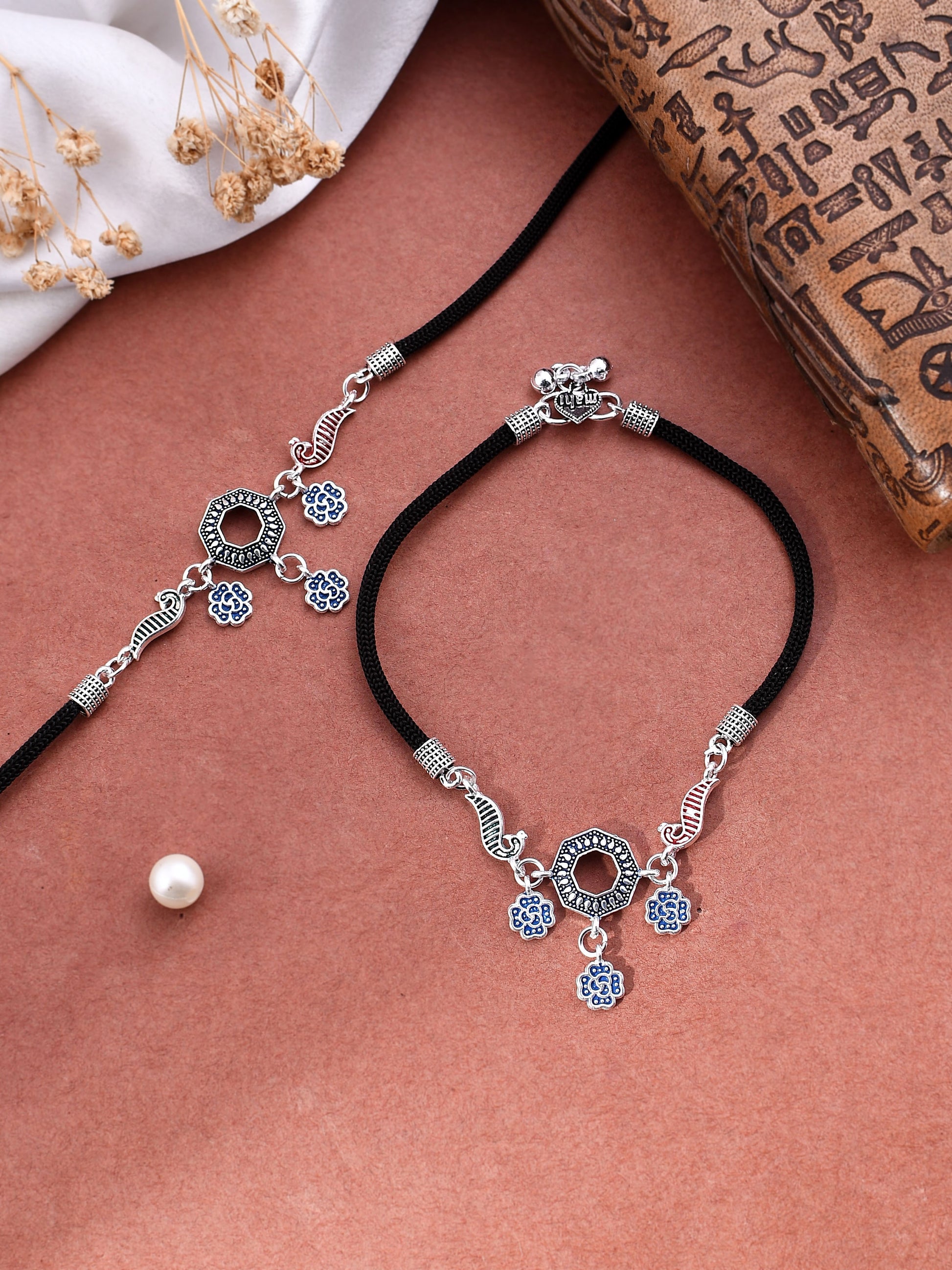 Stylish Silver tone  Black Thread Anklet