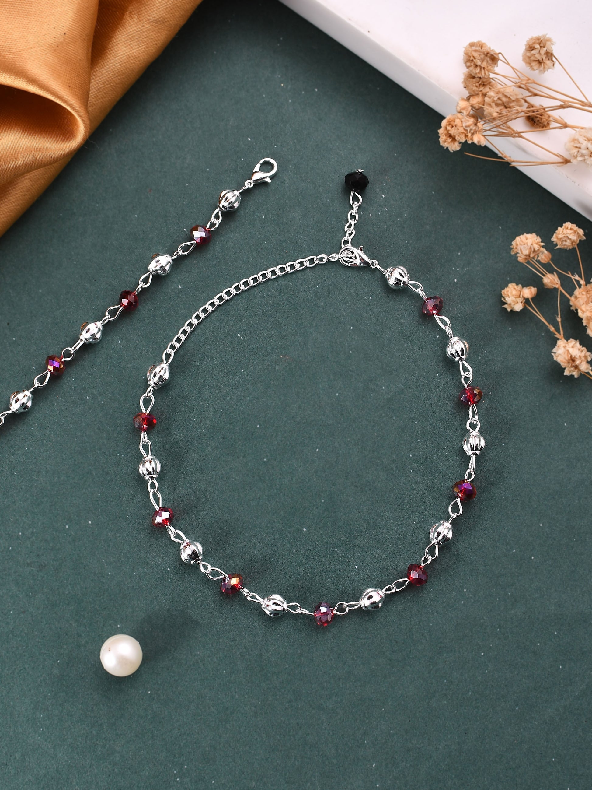 Stylish beads-studded silver anklet for girls