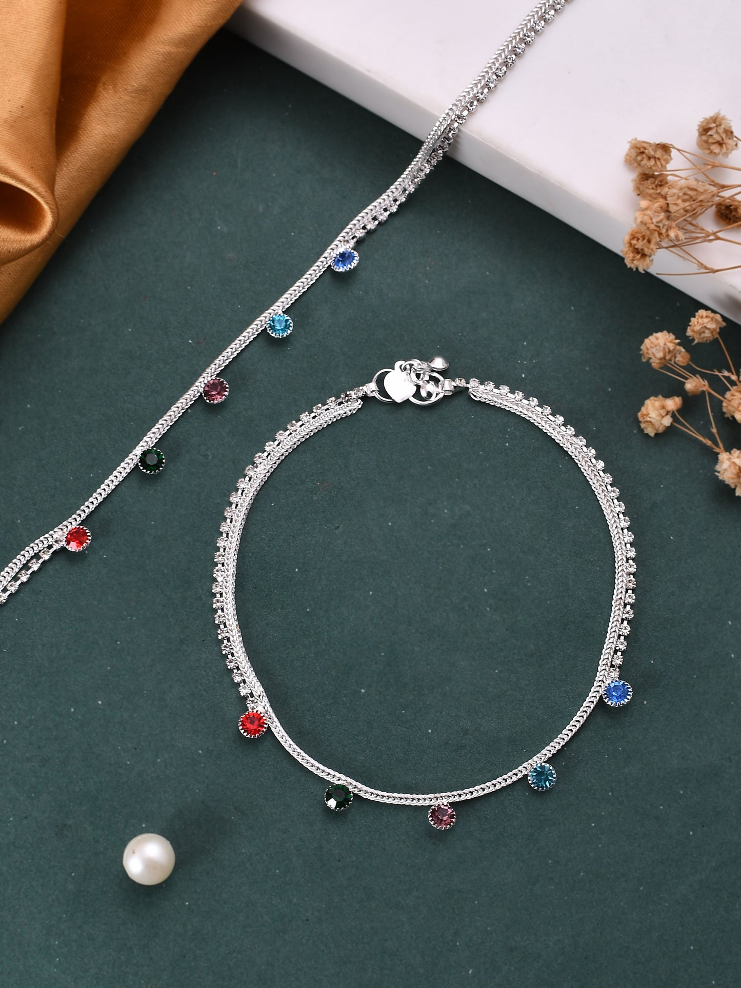 Tranding stone-studded silver plated anklet for womens