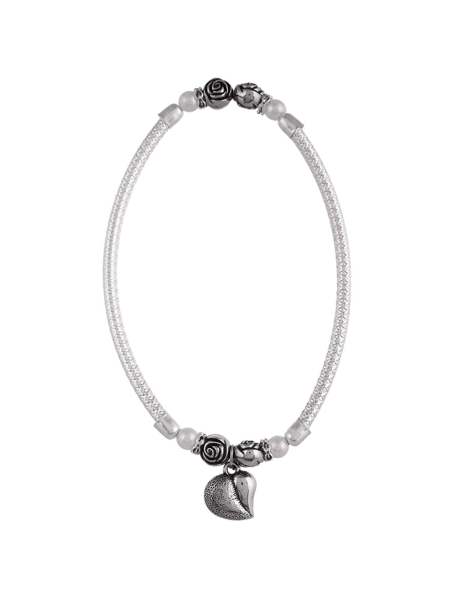 stylish heart-Studded silver kada anklet for girls