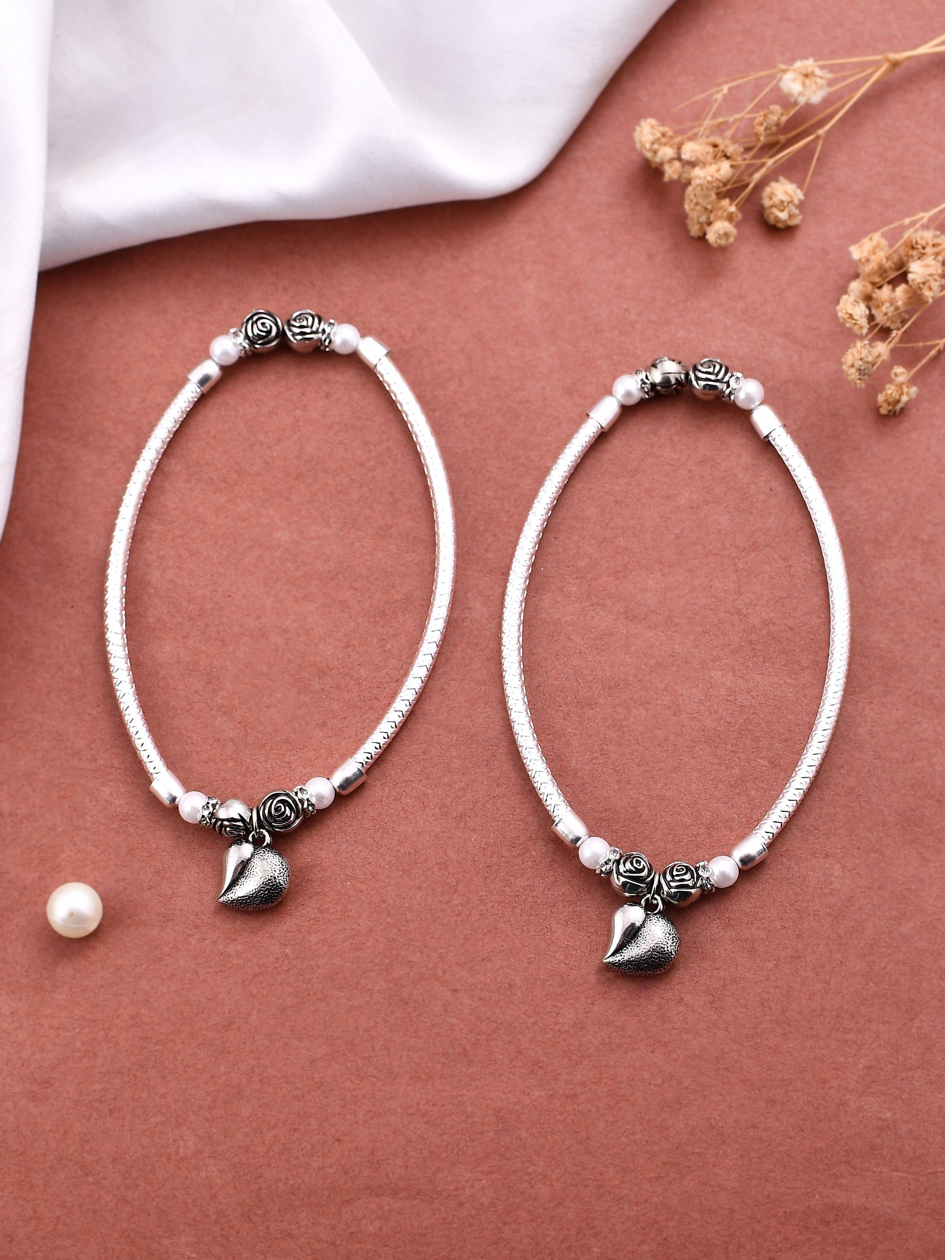 stylish heart-Studded silver kada anklet for girls
