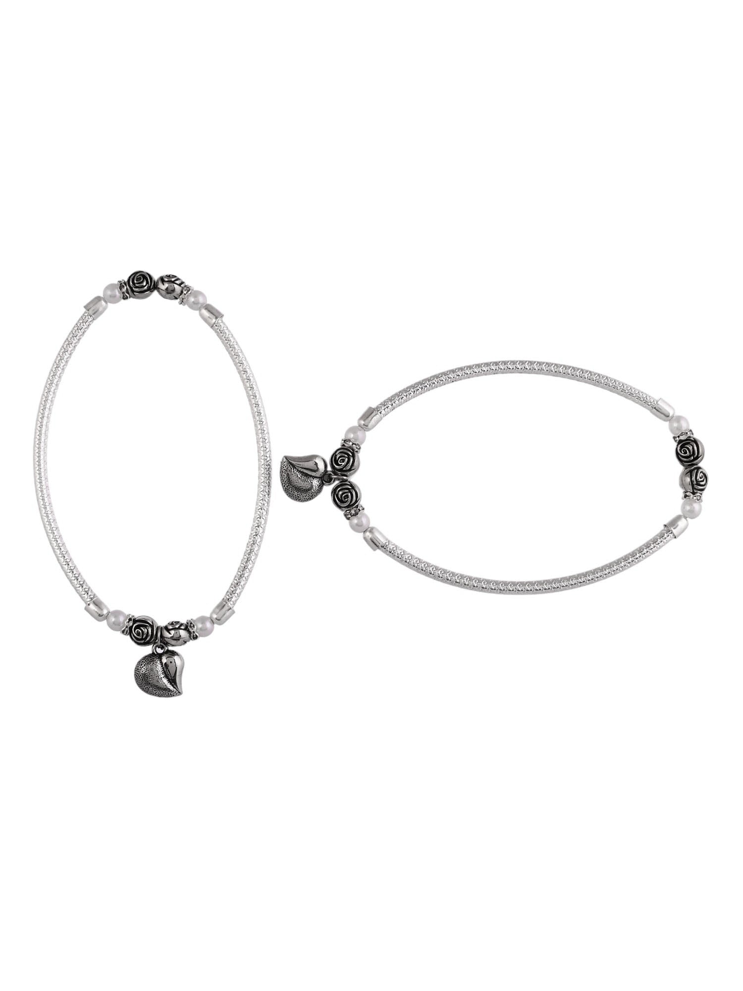stylish heart-Studded silver kada anklet for girls