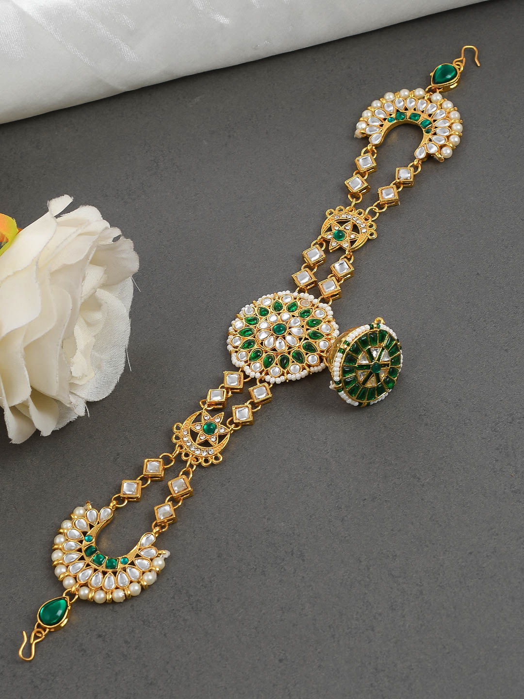 Gold-Plated Green Pearl-Studded Meenakari Matha Patti For Women