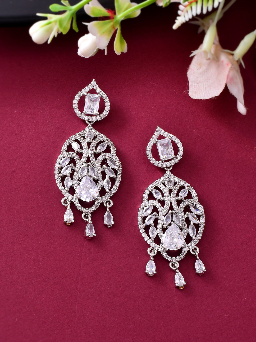 Silver-Plated American diamond  Floral Earrings | AD Jewellery | Party & Bridal Accessorie
