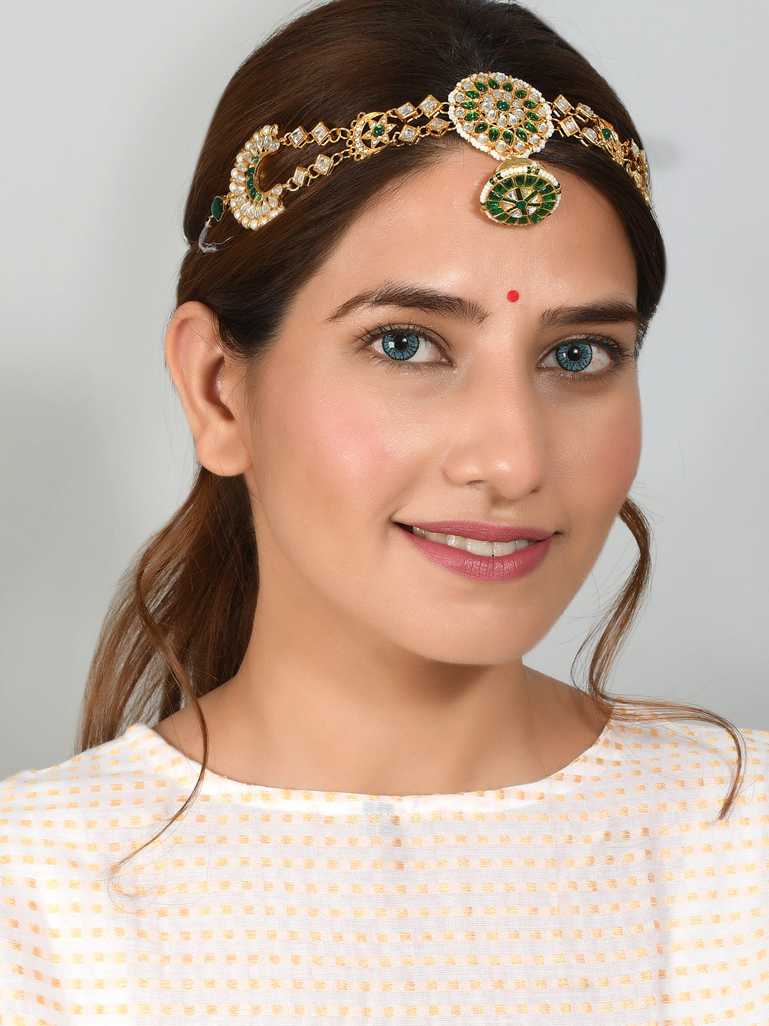 Gold-Plated Green Pearl-Studded Meenakari Matha Patti For Women