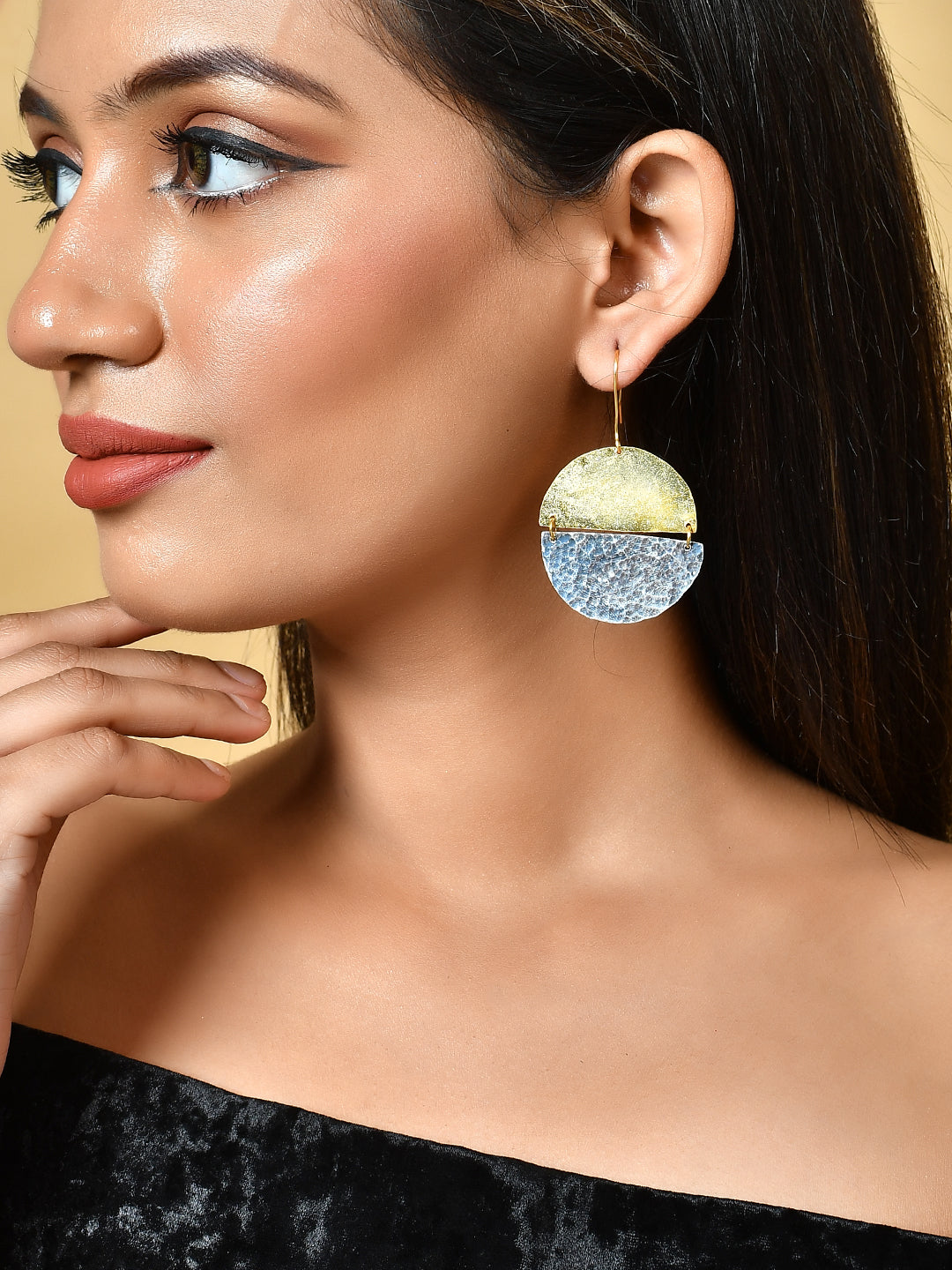 Gold and Textured Silver Half-moon Earrings