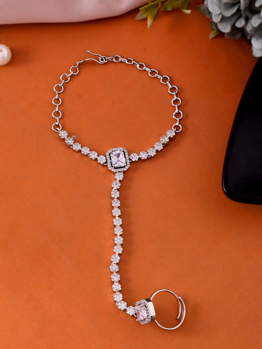 Silver-Plated American Diamond Bracelet Ring Haathphool For Women | Wedding & Party Wear Jewellery
