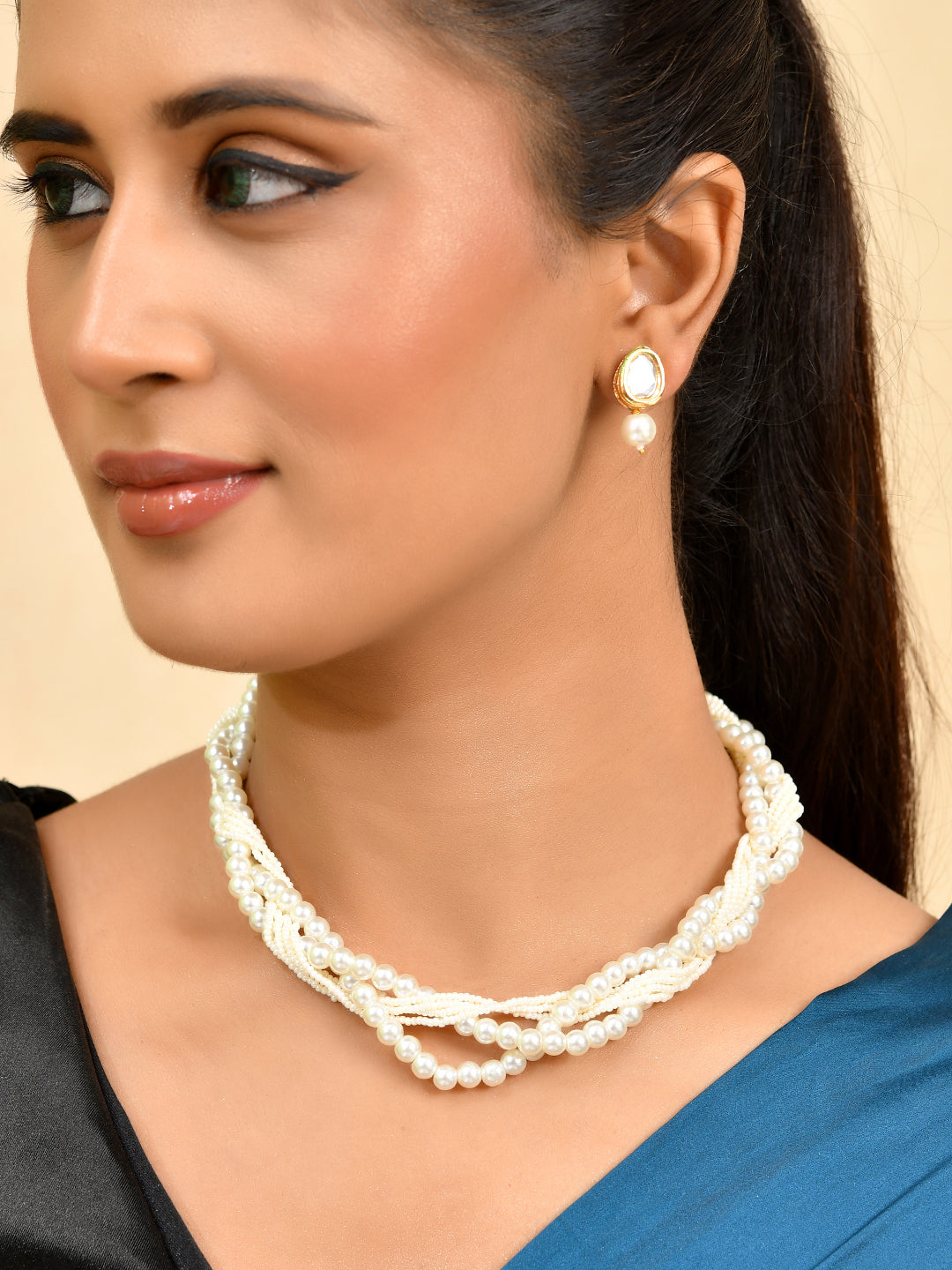 Pearl Layered Kundan Necklace Set With Earrings For Women | Ethnic Bridal Jewellery