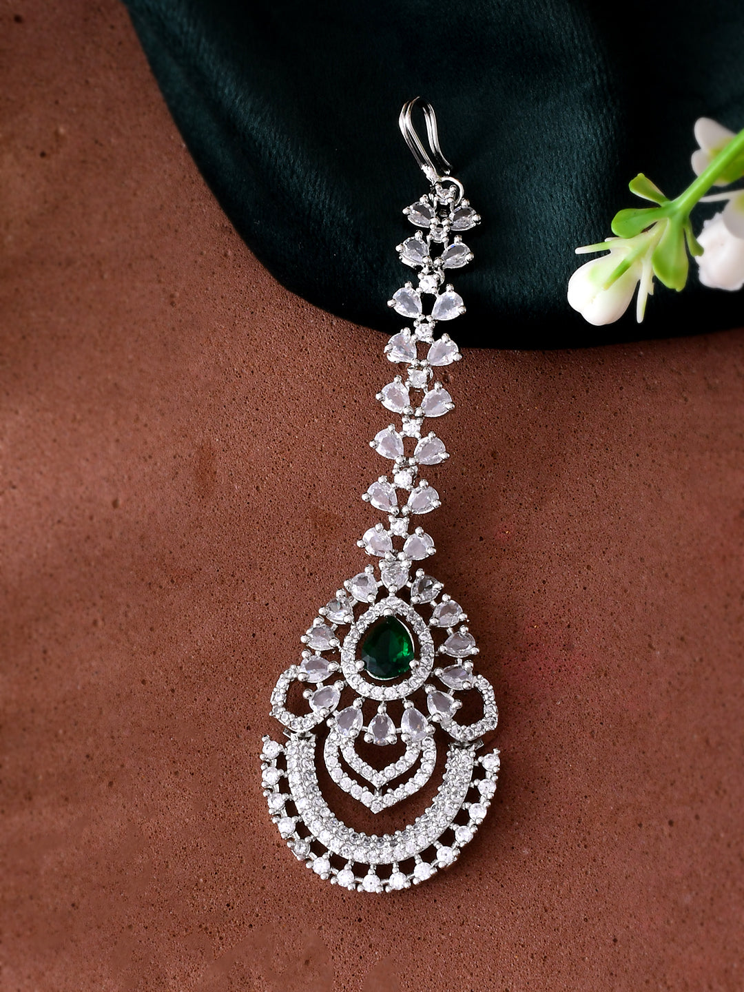 Bridal American Diamond Green Stone Maangtika For Women