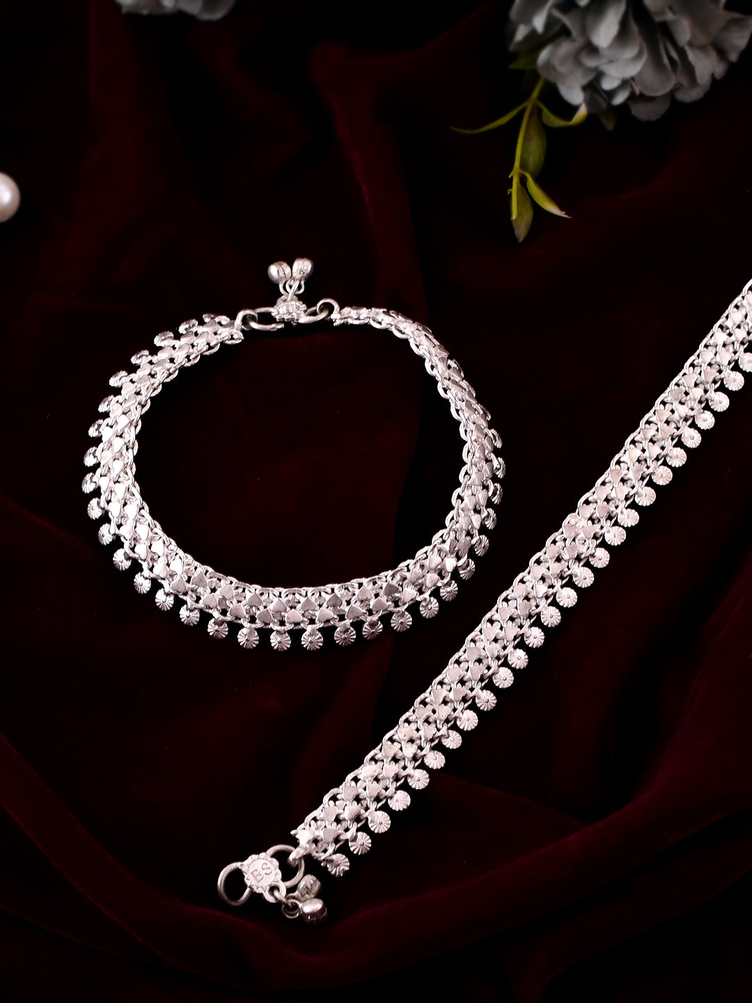 Maroon Patwa Thread Anklet with Metallic Ghungroo Beads