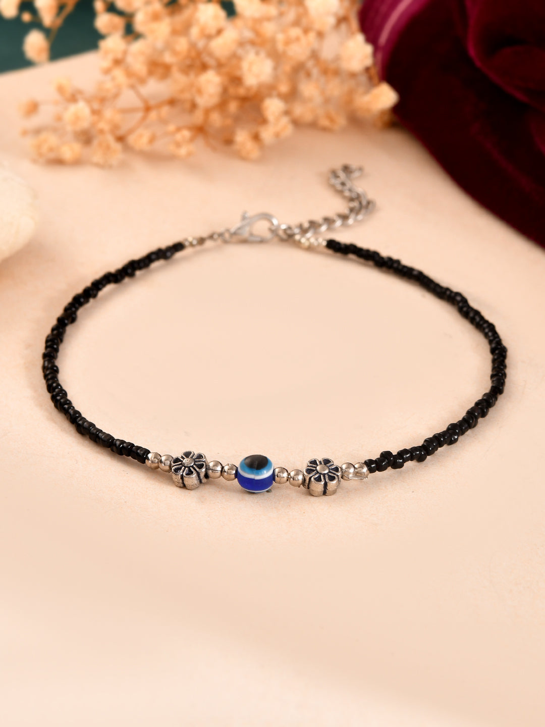 Black Beaded Evil Eye Silver-Plated Anklet For Women & Girls | Protection Nazar Anklet