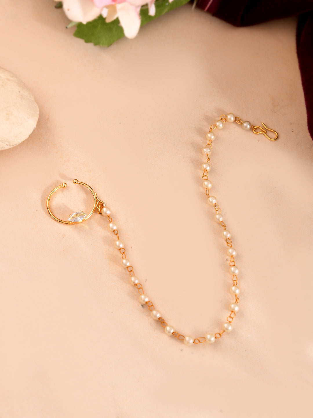Gold-Plated Bridal Pearl Chain Nath | Traditional Wedding Nose Ring For Women