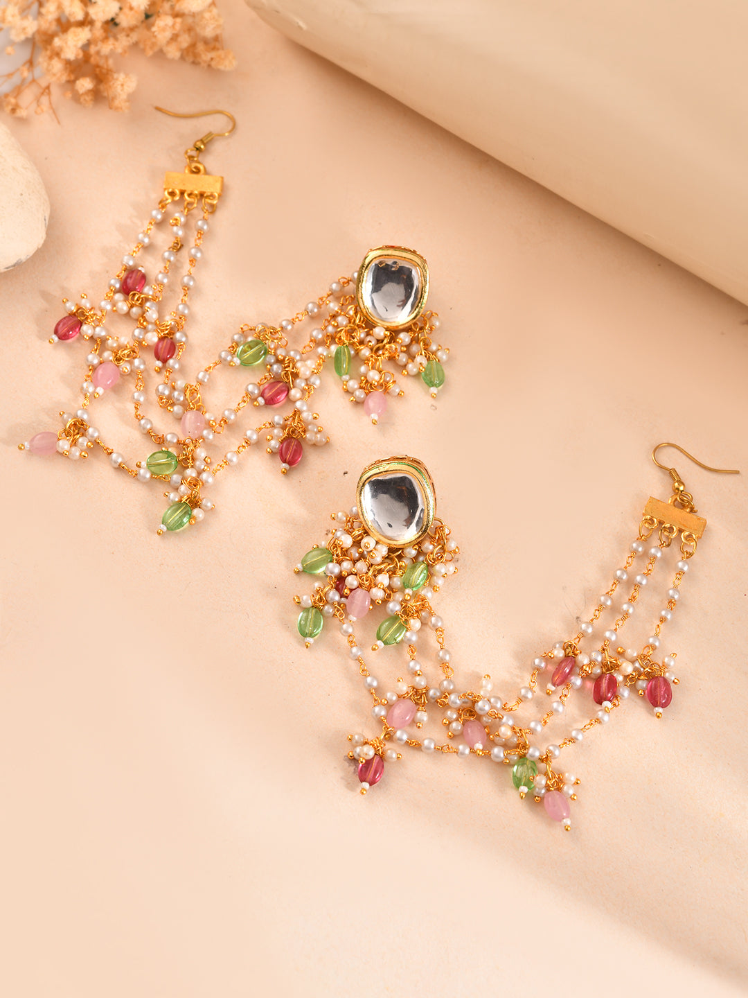 Festive Kundan Chandbali Earrings With Multi-Layer Pearl Chain For Women