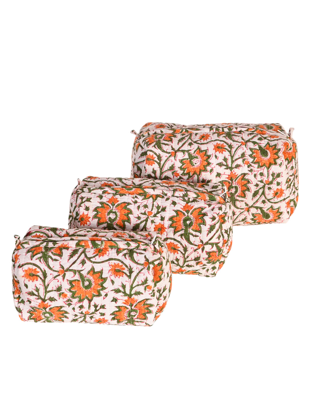 3 Pcs Quilted Orange Travel Toiletry Organizer Bags with Zip Closure | Multipurpose Vanity Storage Pouches