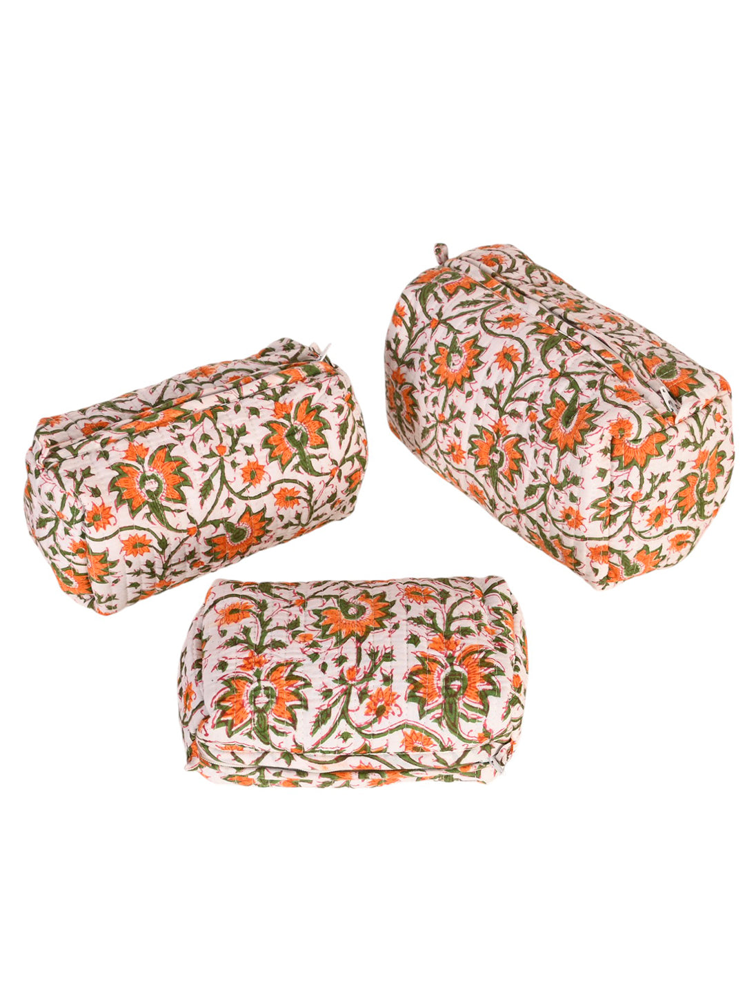 3 Pcs Quilted Orange Travel Toiletry Organizer Bags with Zip Closure | Multipurpose Vanity Storage Pouches