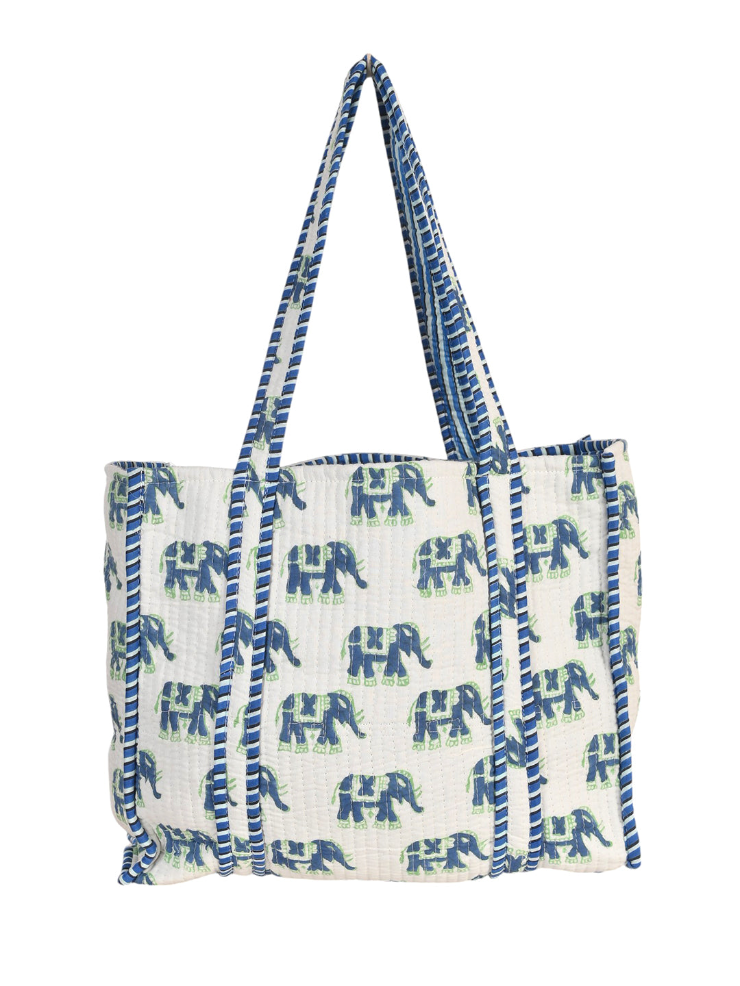 Shoulder Bag Blue Block Printed Cotton Quilted Tote Bags For Women