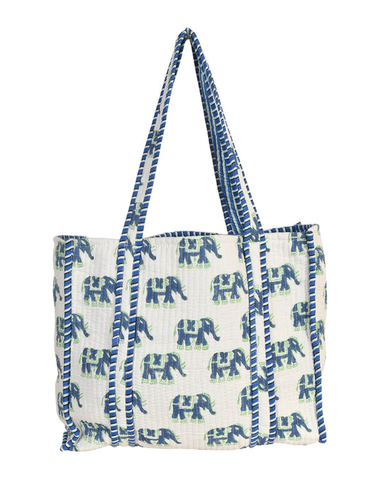 Shoulder Bag Blue Block Printed Cotton Quilted Tote Bags For Women