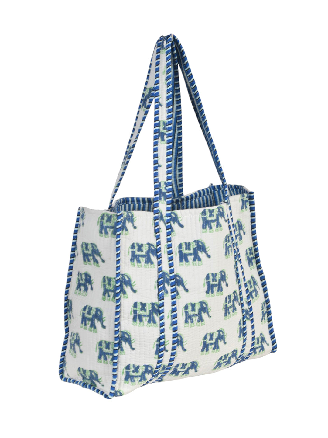 Shoulder Bag Blue Block Printed Cotton Quilted Tote Bags For Women